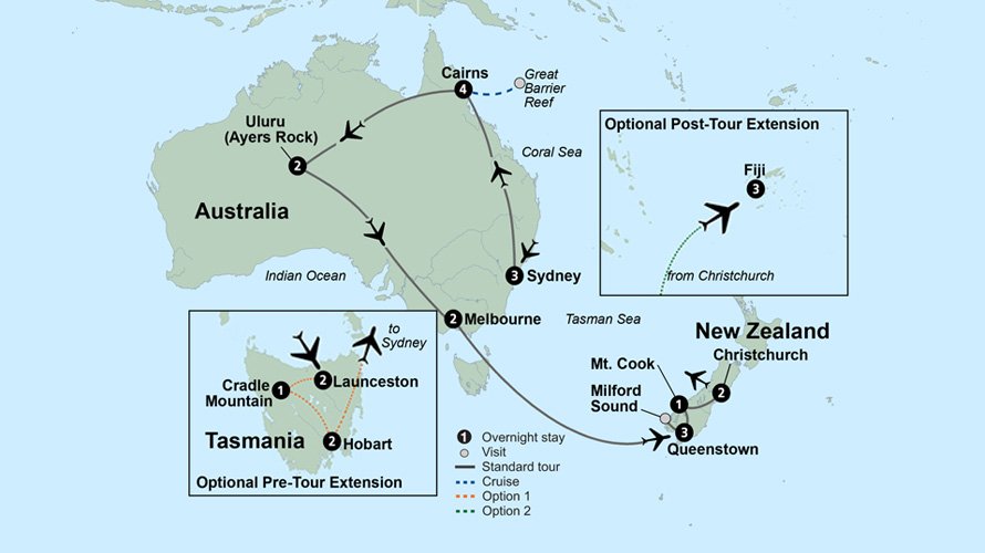 Route map for Australia's Outback to New Zealand's South Island: Sydney, Sydney Opera House, Cairns, Great Barrier Reef, Daintree Rainforest, Uluru, Kata Tjuta, Melbourne, Queenstown, Milford Sound, Mt. Cook National Park, Christchurch