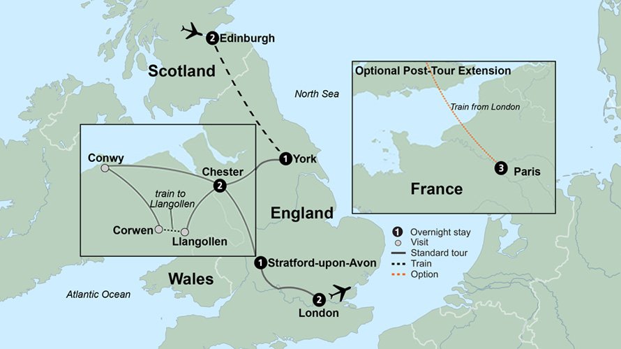 Route map for British Landscapes: Edinburgh Castle, York Minster, Chester, Conwy Castle, Stratford-upon-Avon, Heritage railway, Traditional afternoon tea, London