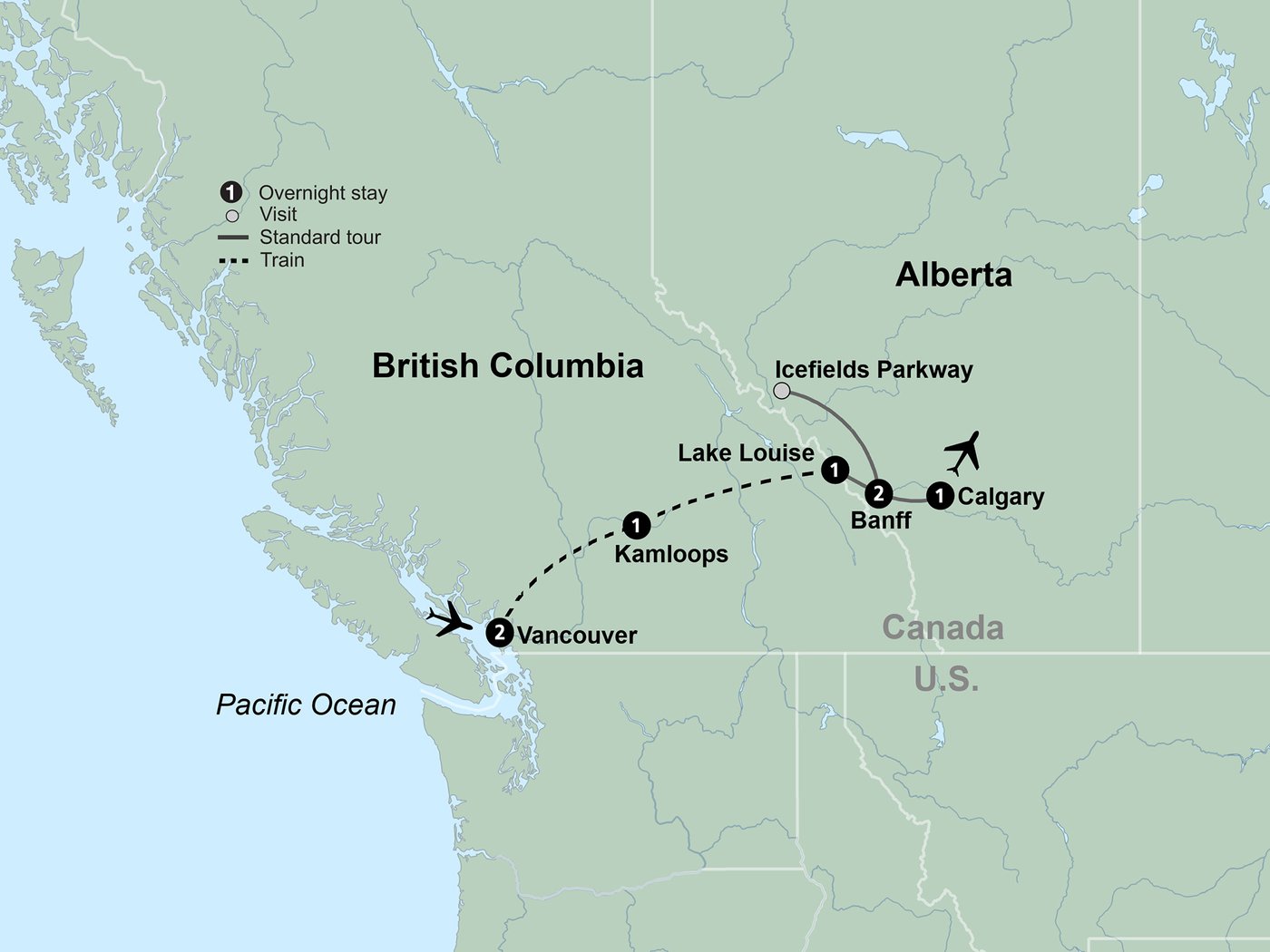 Route map for Discover the Canadian Rockies: 2 days aboard the Rocky Mountaineer train, Grouse Mountain, Stanley Park, Lake Louise, Banff, Icefields Parkway, Athabasca Glacier, Peyto Lake