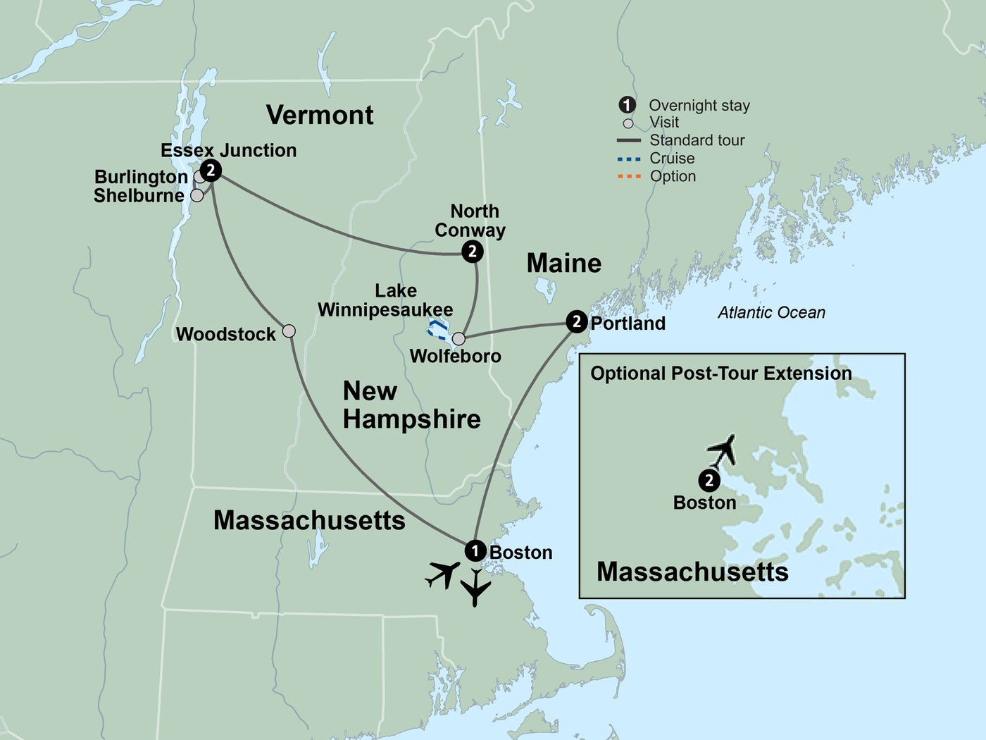 Route map for Discover Colors of New England: Boston, Woodstock, Shelburne Museum, Maple sugar tour, Kancamagus Highway, Mount Washington, Lake Winnipesaukee cruise, Portland