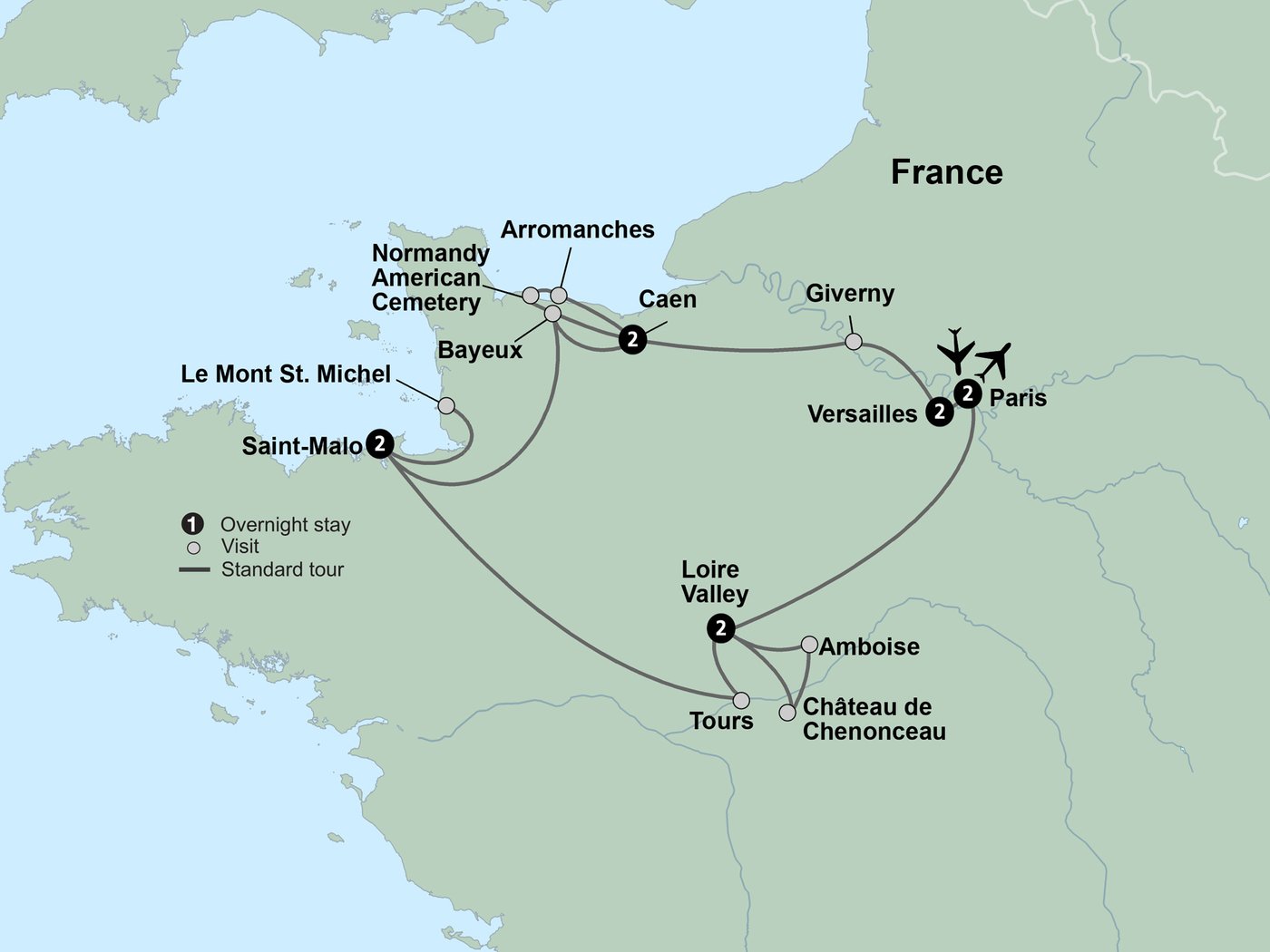 Route map for France Magnifique Discovery: Versailles Palace & Gardens, Giverny, Normandy, D-Day landing sites, Omaha Beach, American Cemetery, Le Mont Saint-Michel, Loire Valley, Winery tour, Château de Chenonceau, Seine River cruise, Eiffel Tower dinner