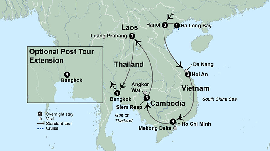 Route map for Kingdoms of Southeast Asia: Hanoi, Ha Long Bay, Hoi An, Ho Chi Minh City, Reunification Palace, Mekong Delta, Siem Reap, Angkor Wat, Luang Prabang, Pak Ou Buddha Cave, Bangkok