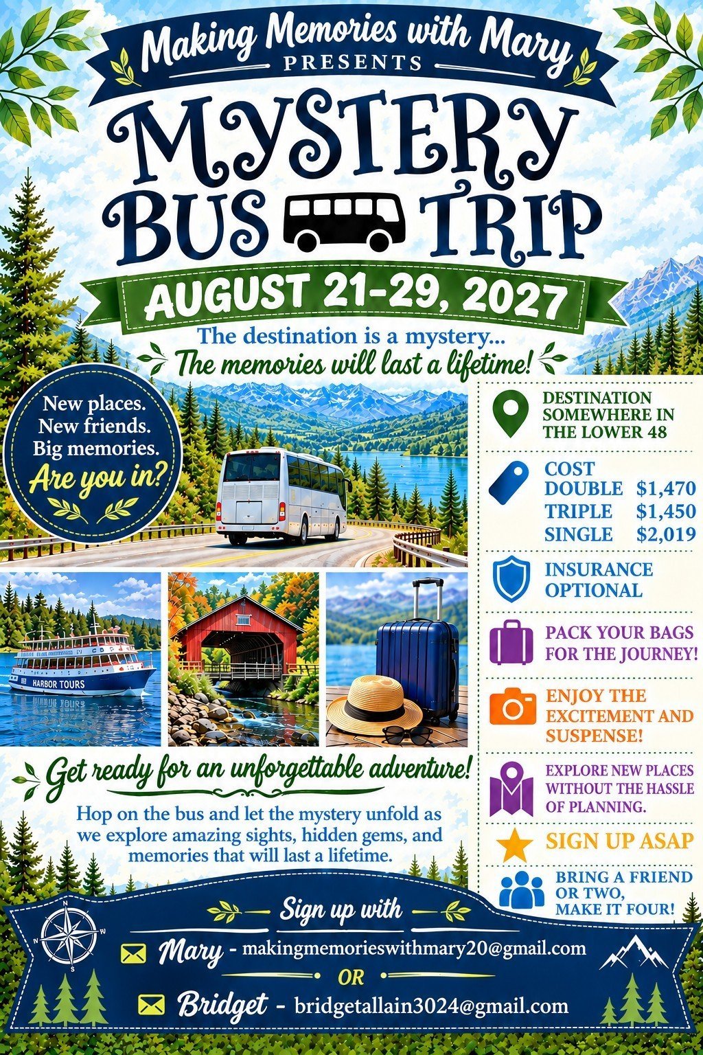 Route map for Mystery Bus Trip: Destination kept secret until we arrive, 4 consecutive nights in the destination city, 15 meals — 8 breakfasts, 1 lunch & 6 dinners, Amazing sights and hidden gems, New places, new friends, big memories