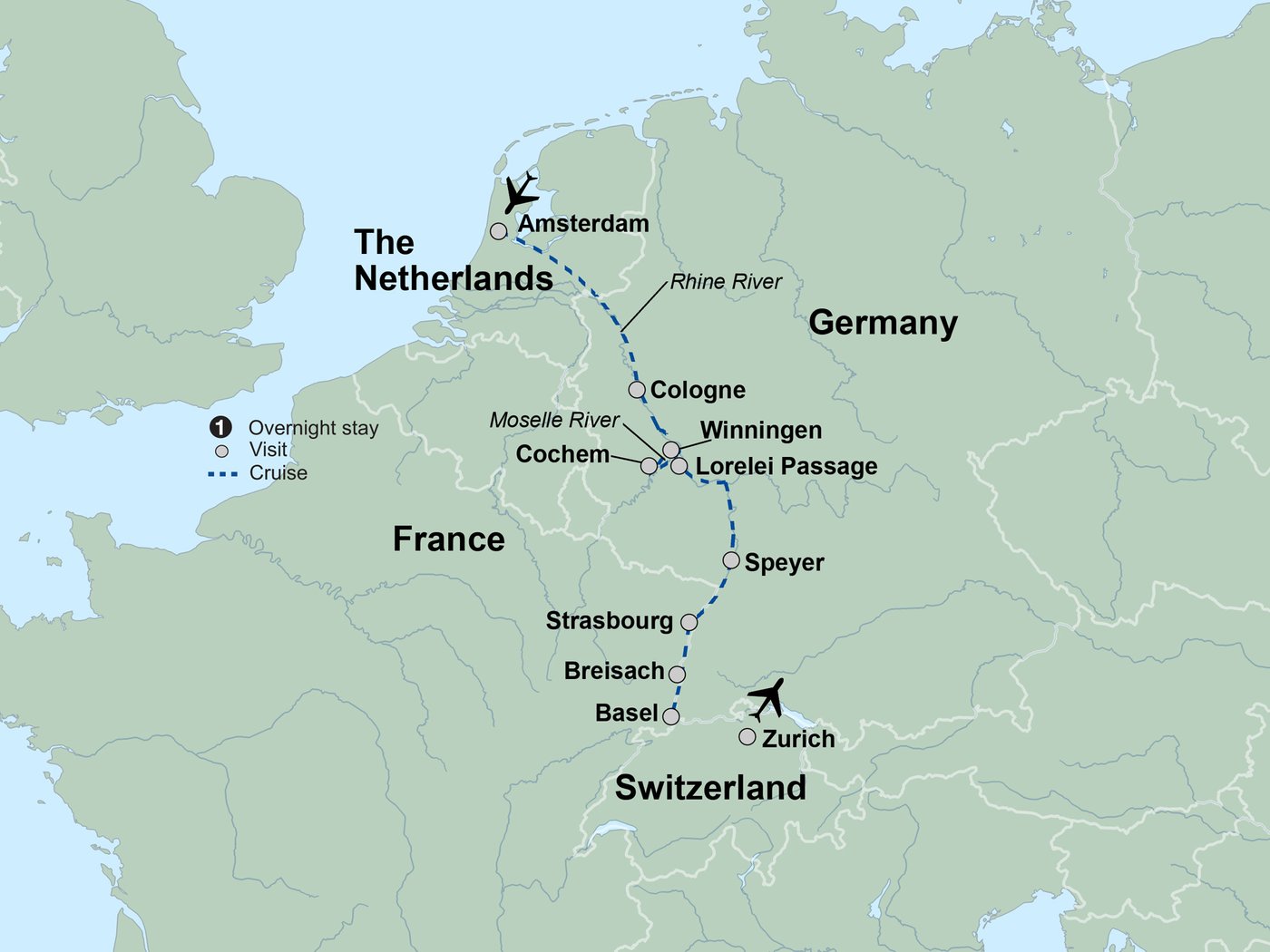 Route map for Magical Rhine & Moselle Rivers Cruise: 7-night river cruise, Amsterdam, Cologne, Cochem, Lorelei Passage, Speyer, Strasbourg, Breisach, Freiburg